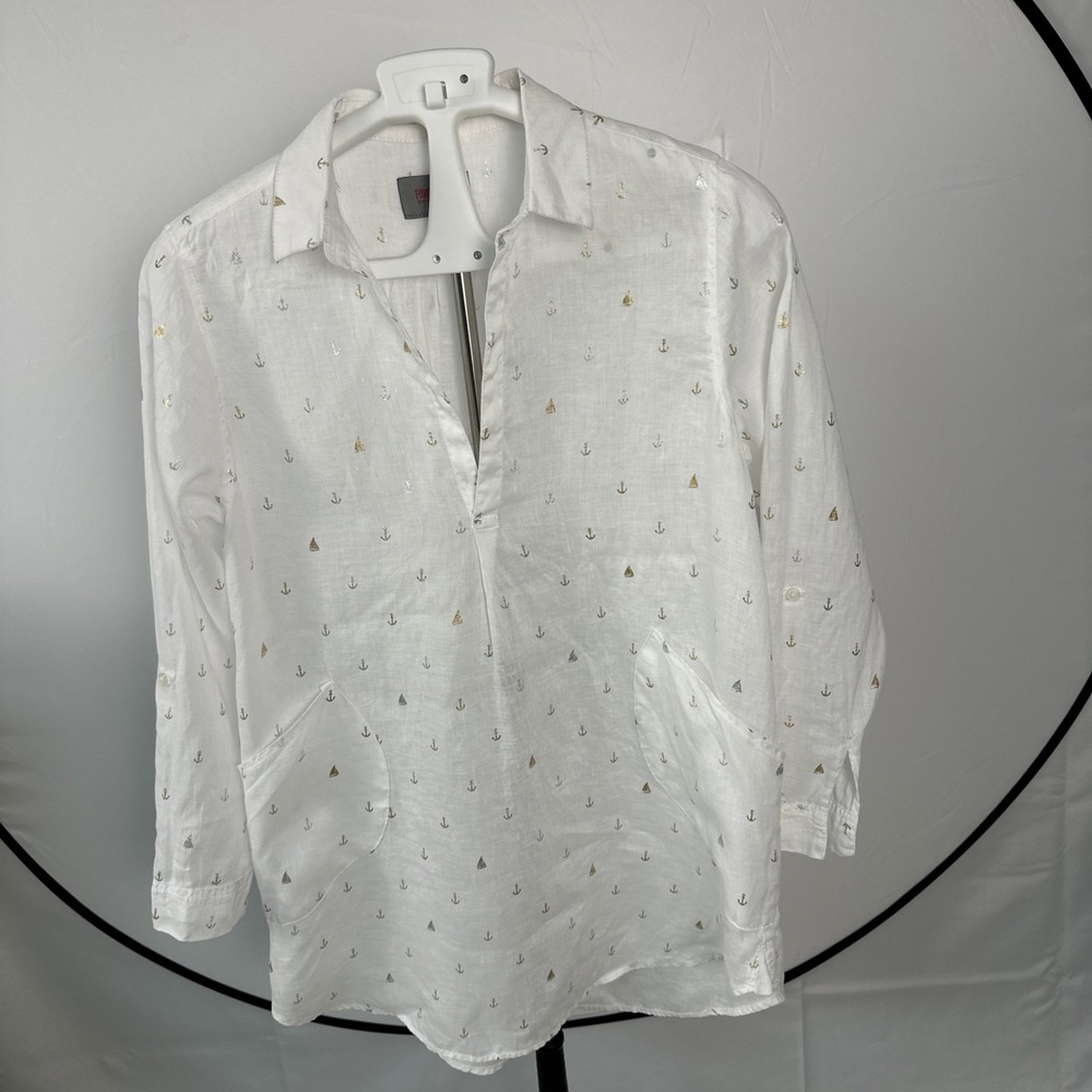 FORCYNTHIA Tunic Shirt Women's Sz Medium White 100% Linen Rolland Long Sleeves